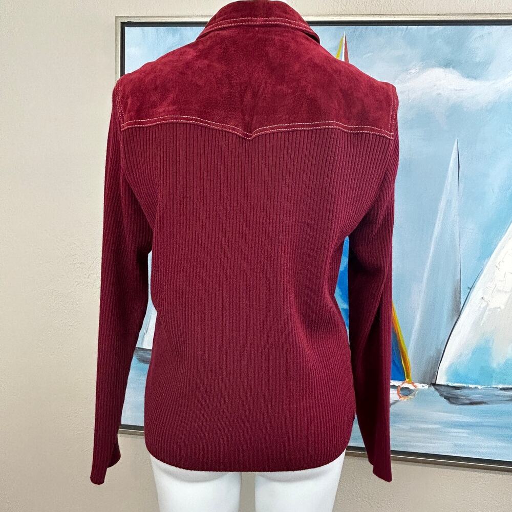 Coldwater Creek Burgundy Red Leather Jacket Rib Knit Sleeve Mixed Media size 16 - Picture 4 of 7